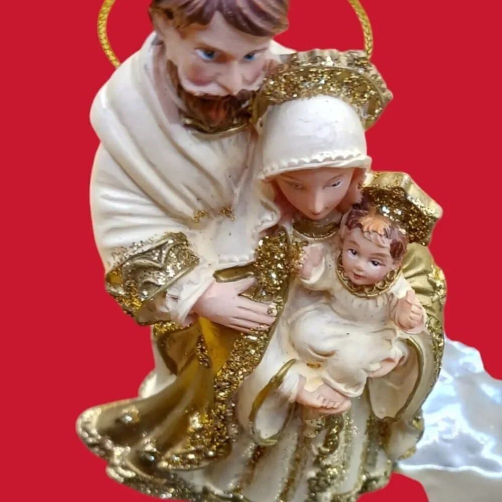Holy Family Figurine Ornament In Gold & White